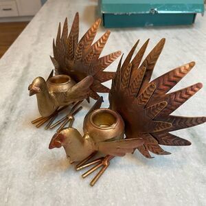 Pair Copper Colored Turkey Thanksgiving Candle Sticks